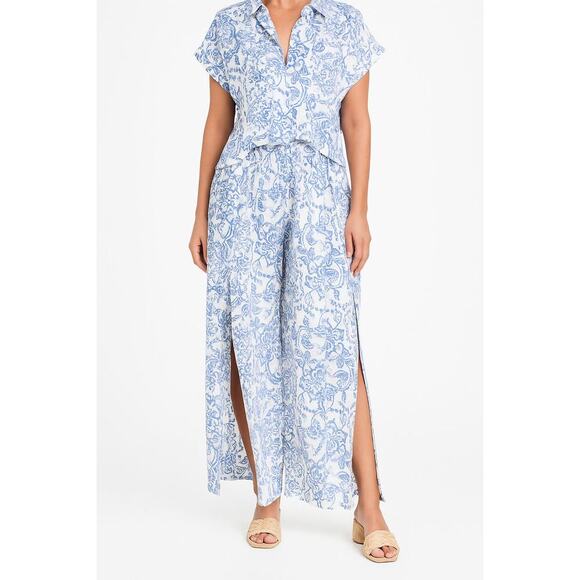 Caroline Contas New Linen Blouse And Pant Set Floral Tropical Blue White Size XL - Picture 1 of 16